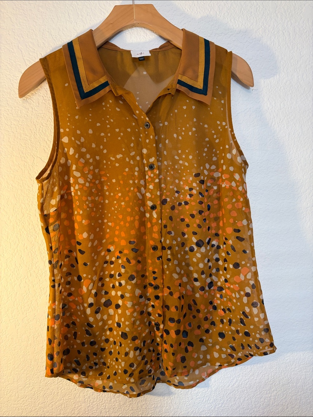 CAbi Mustard Multi-Dot Sleeveless Button-Front Camisole